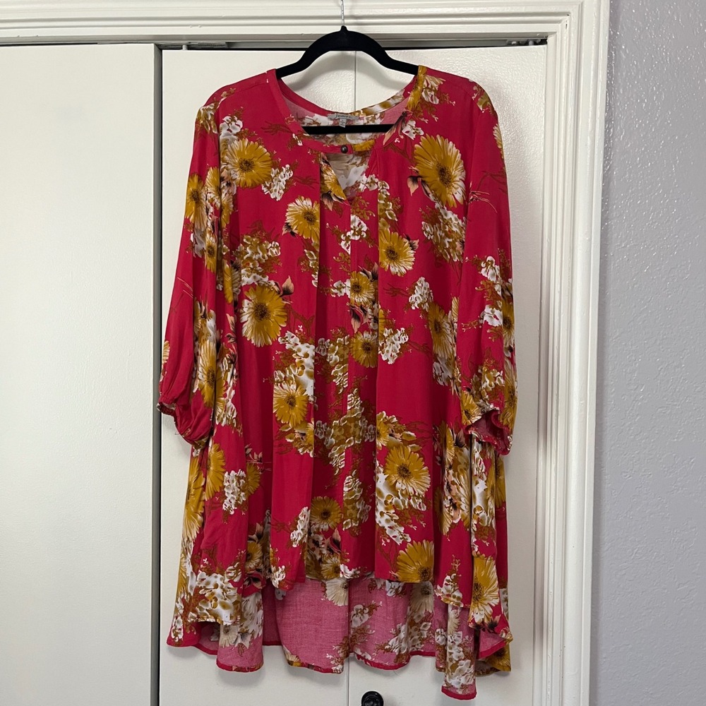 JODIFL Pink Yellow Floral Print Tunic Top Blouse Size‎ L